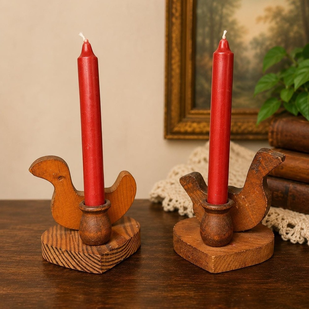Vtg Wooden Duck Candlestick Holder Pair Rustic Folk Art Candle Holders Primitive